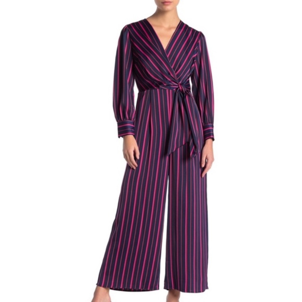 Maggy London Stripe Tie Waist Satin Feel Jumpsuit 6 petite